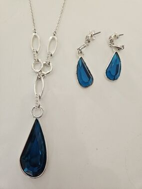 Silver-Tone Teardrop Blue Crystal Necklace & Earring Set
